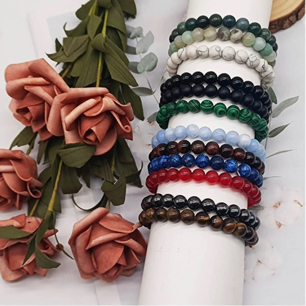 Women/Men's Genuine Gemstone Beaded Bracelets - 8pc